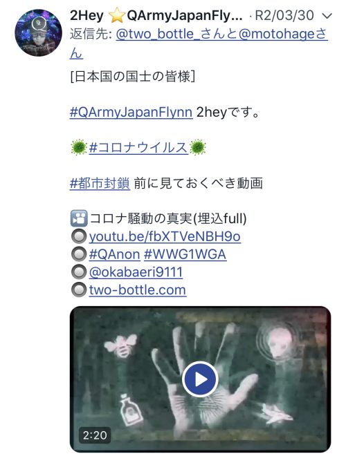 QArmyJapanFlynnの2Heyのツィート/コロナ騒動の真実